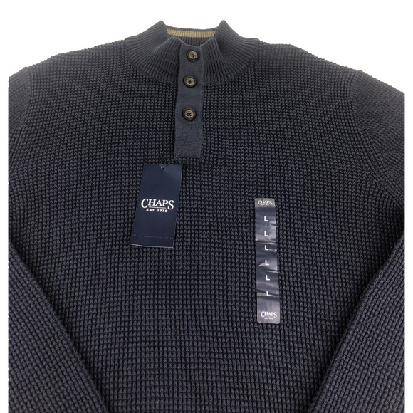 Chaps‎ Men's Sweater Large Cable Knit Mock Neck Quarter Button Pullover Blue - Picture 2 of 14